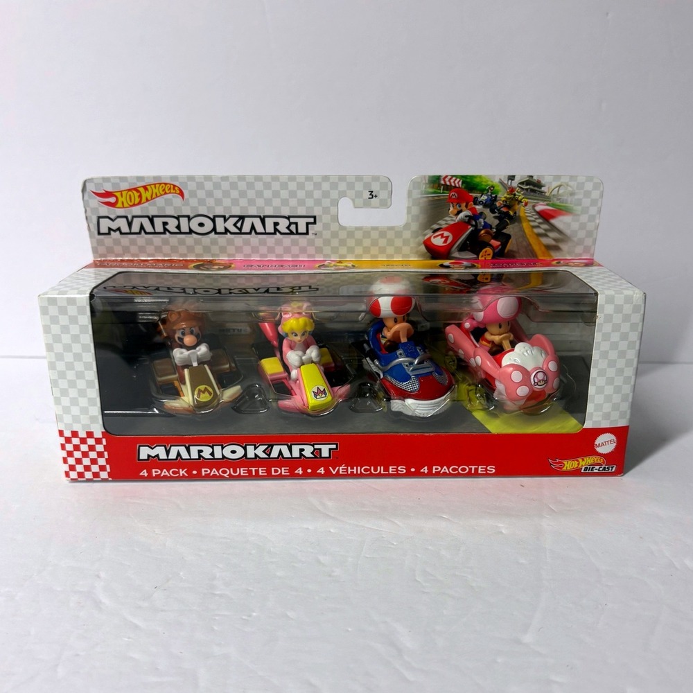 Hot Wheels Mario Kart 4 Pack Tanooki Mario Cat Peach Toad Toadette Die-Cast Set